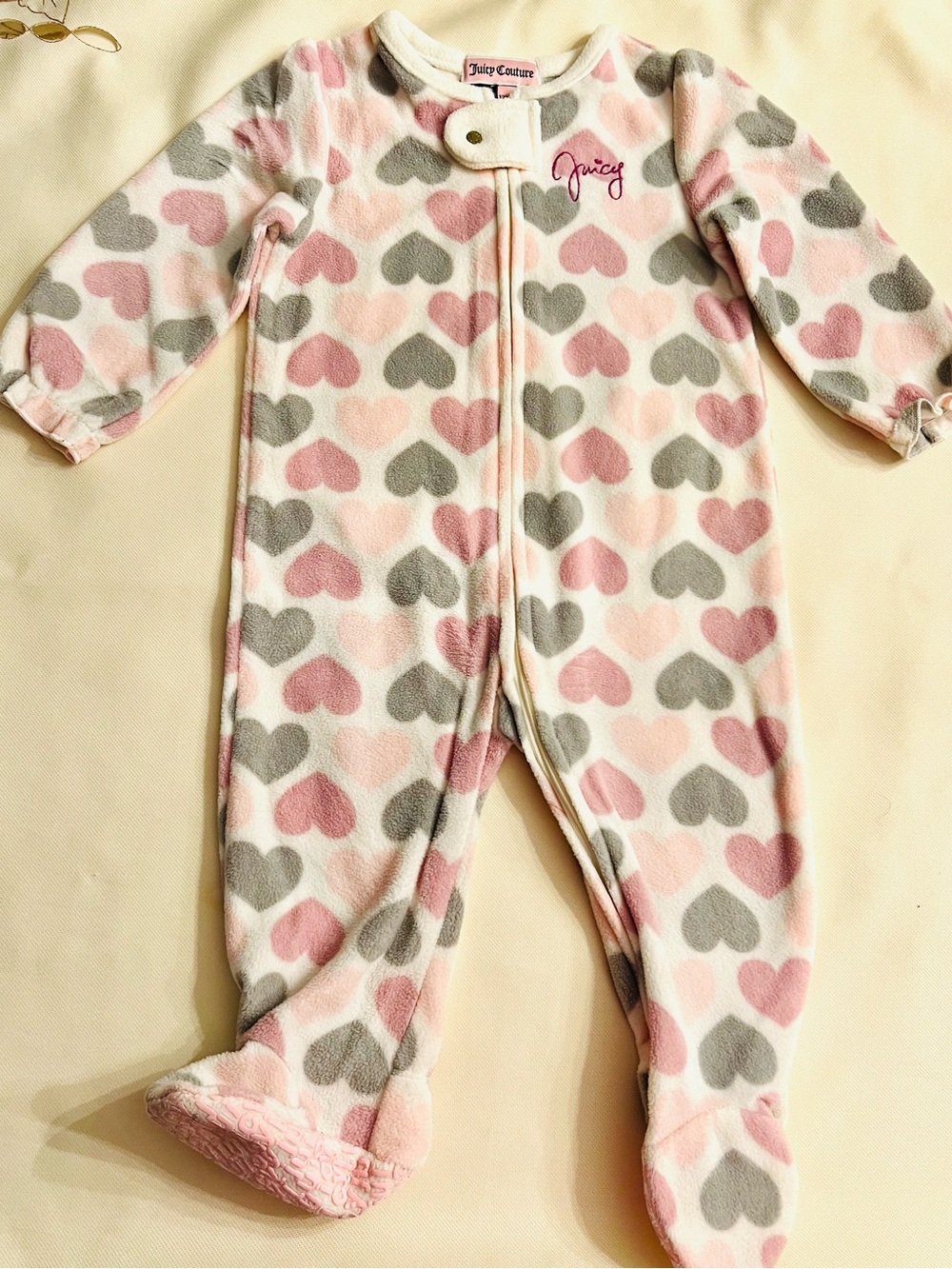 Juicy Couture Pink & Gray Heart Fleece Footed One-Piece